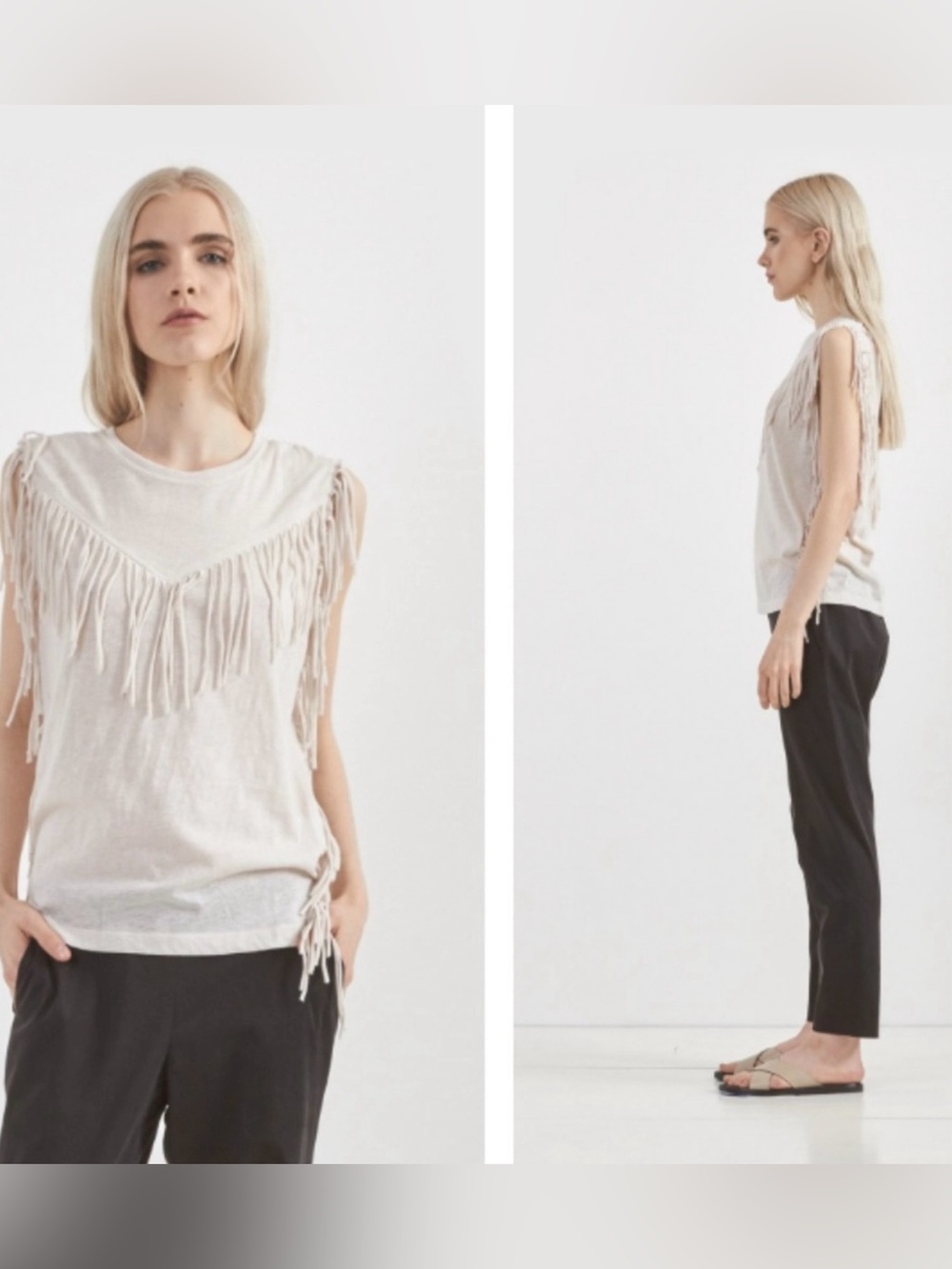IRO JEANS Gise Sleeveless Fringed Ecru Nubby knit T shirt